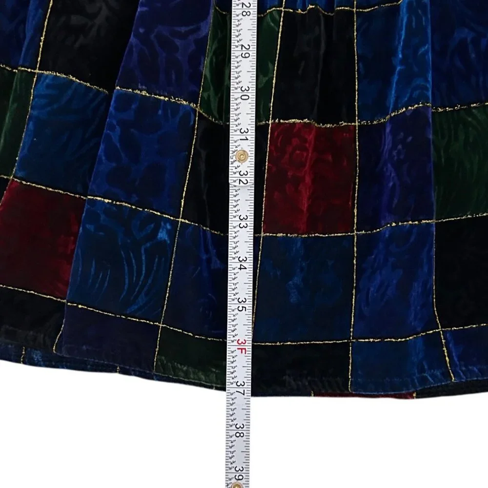 Vintage Velvet Burnout Patchwork Holiday Flowy Tiered Ruffled Maxi Skirt (S/M)